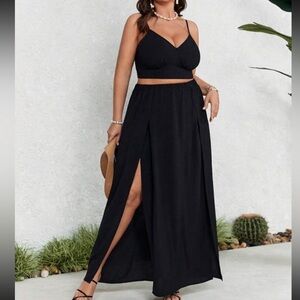 Boho black crop top and slit thigh maxi skirt set